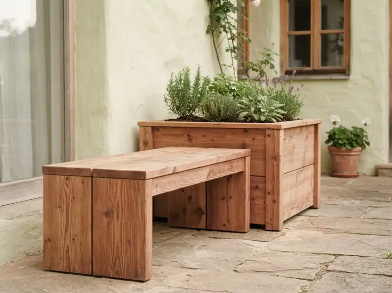 Bank und Hochbeet aus unbehandelter Lärche auf einer Terrasse